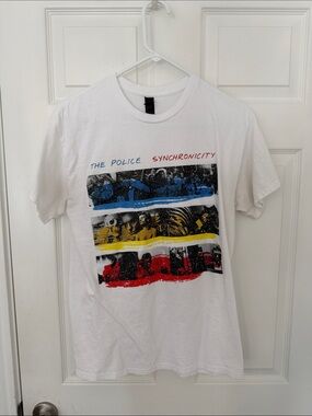 Reposh -Police White Short-Sleeve Synchronicity Graphic Tee with Blue Yellow Red